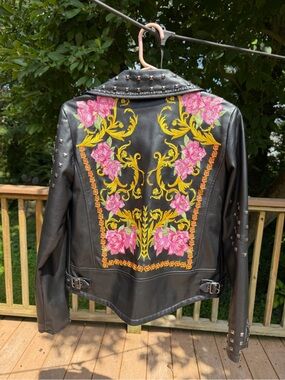 silence + noise Studded Embroidered Floral Faux Leather Moto Jacket S